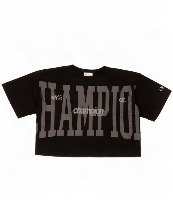 Champion Womens Crop Oversized grafisk T-shirt top UK 10 Small Black