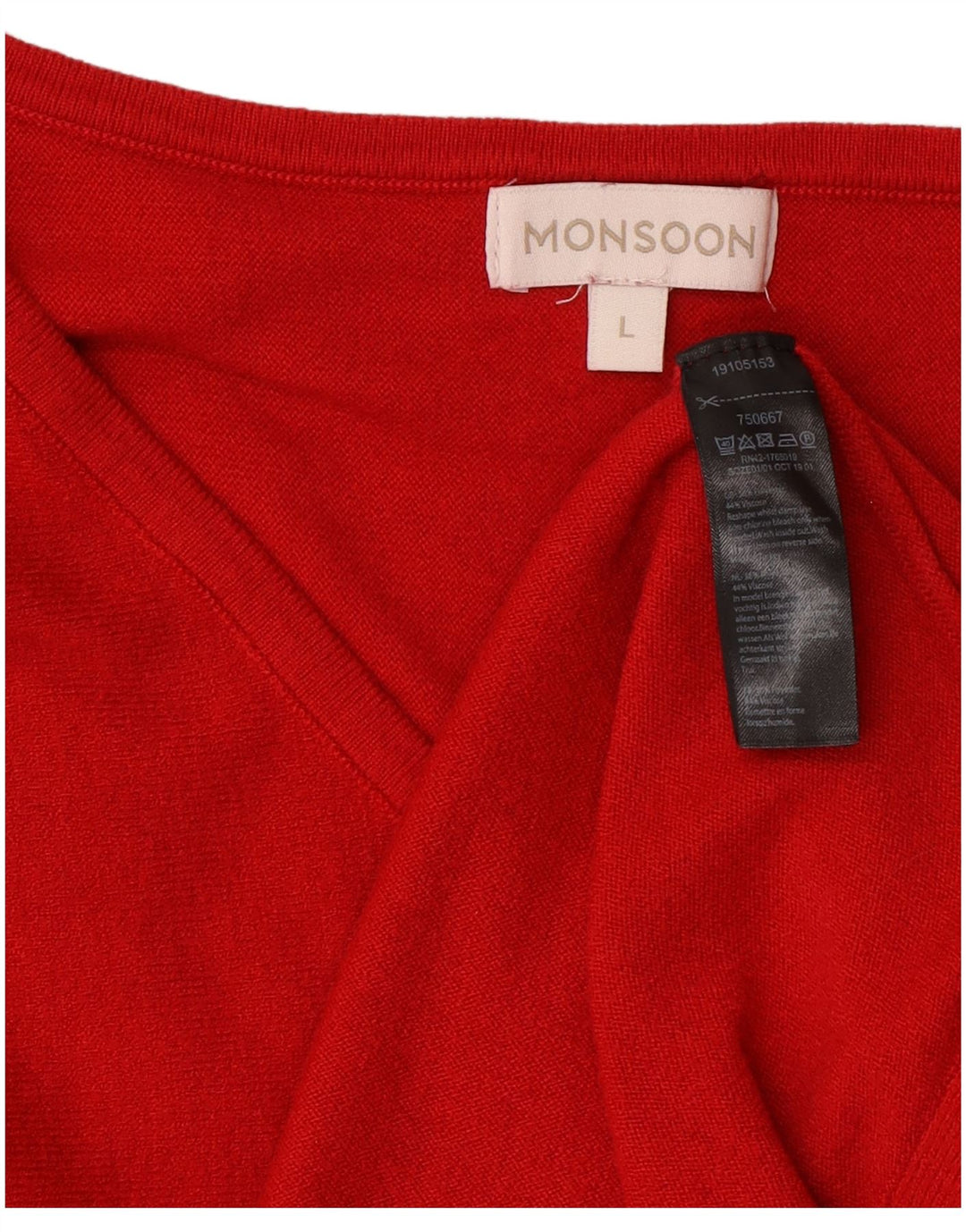 Monsoon Dame V-hals Jumper Sweater UK 16 Stor Rød Polyester