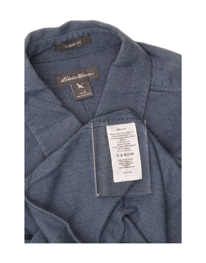 EDDIE BAUER Mens Classic Fit Shirt Large Blue Herringbone Cotton Vintage Eddie Bauer and Second-Hand Eddie Bauer from Messina Hembry 