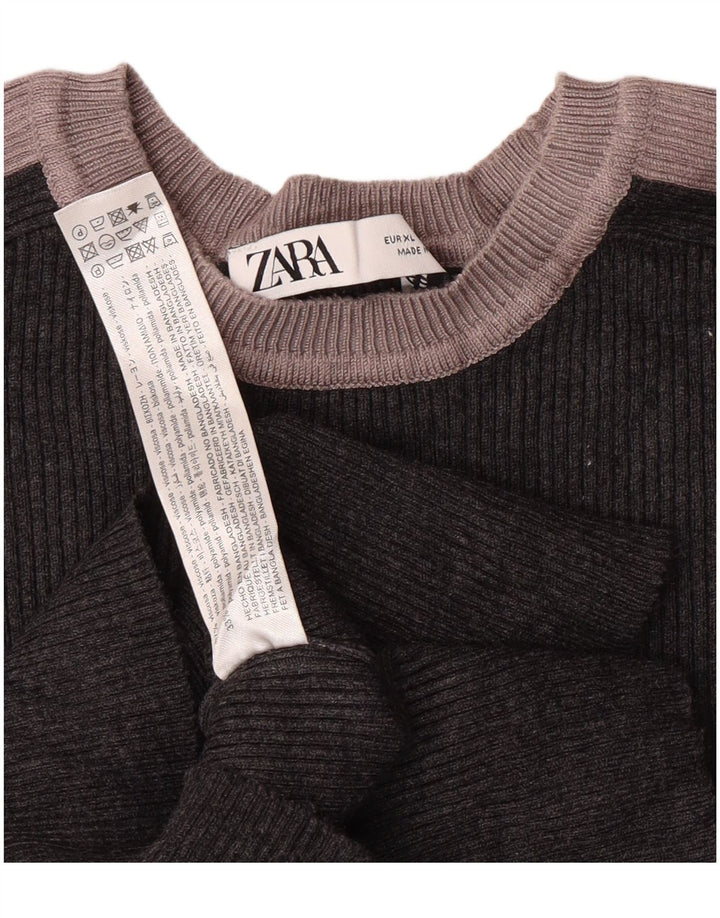 ZARA Womens Crop Boat Neck Jumper Sweater UK 18 XL Grå Colourblock