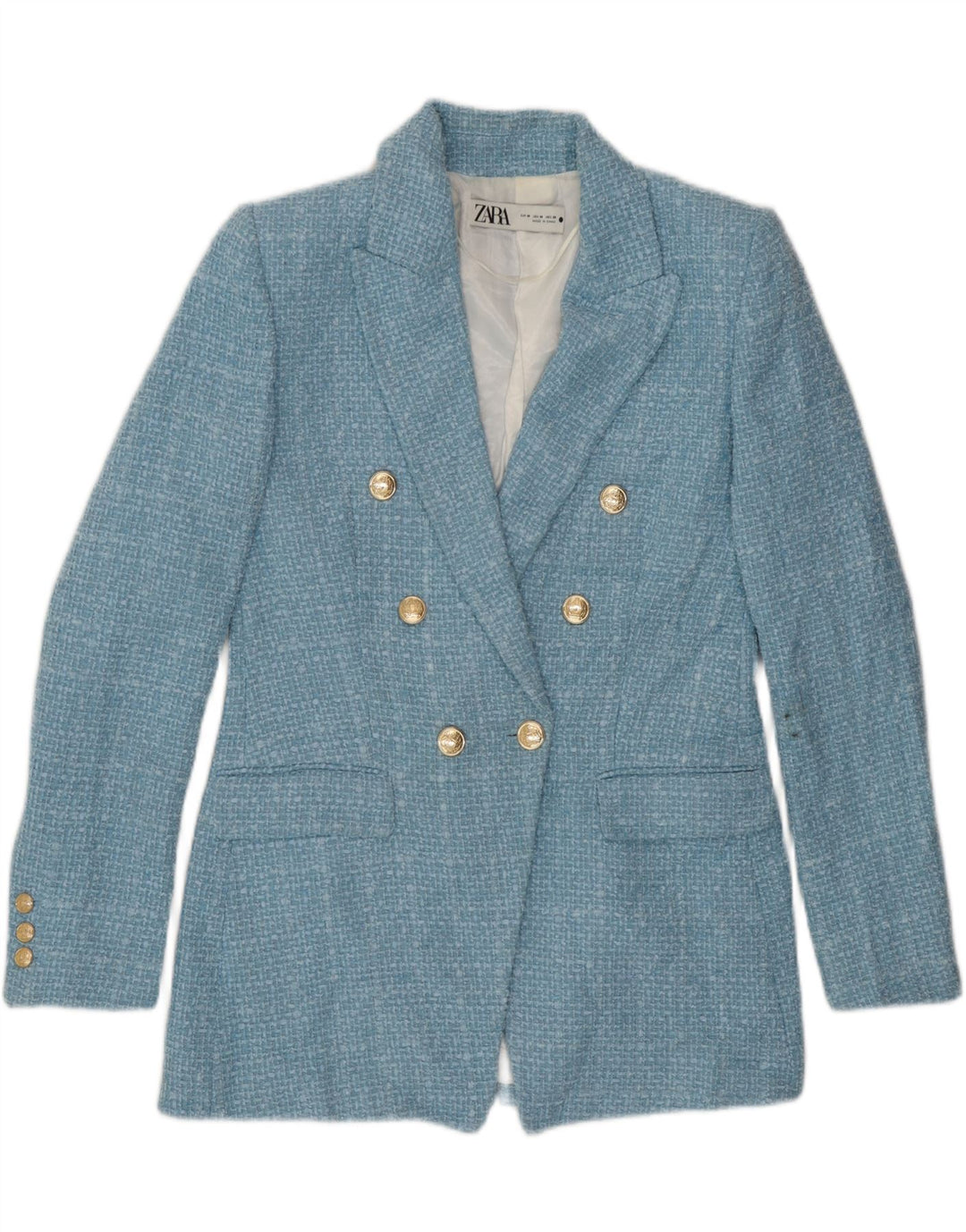 Zara Dame Dobbeltradet Blazer Jacket UK 14 Medium Blue Check Polyester