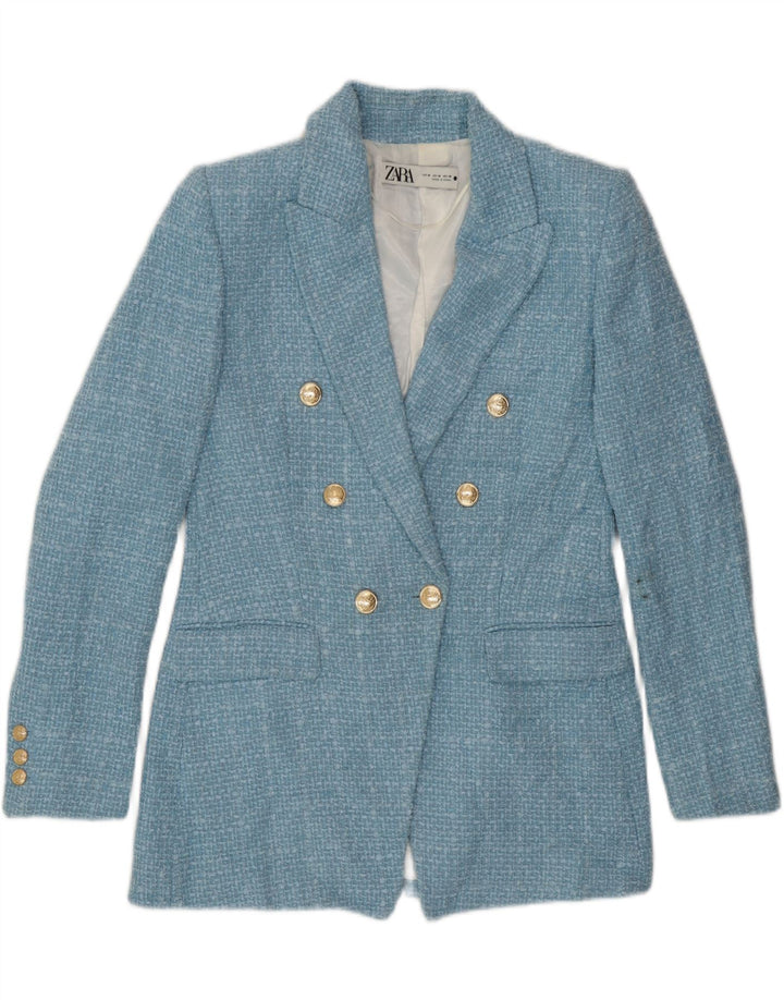 Zara Dame Dobbeltradet Blazer Jacket UK 14 Medium Blue Check Polyester
