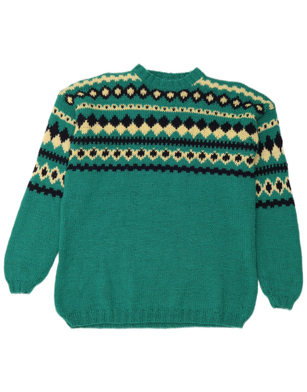 VINTAGE Dame sweater med rund hals DK 14 Large Green Fair Isle