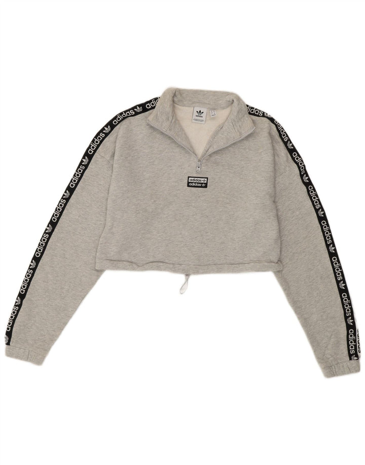 ADIDAS Dame Crop Grafisk Sweatshirt med lynlås-hals UK 6 XS Grå Bomuld