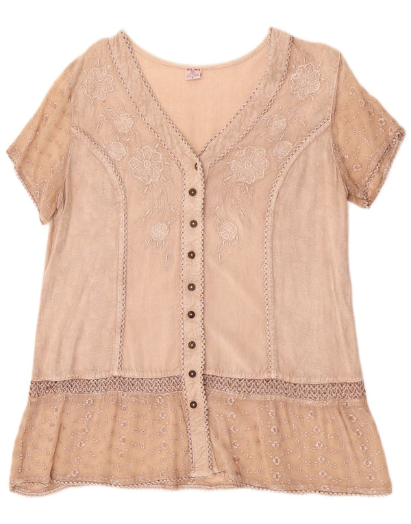 Vintage kvinders kortærmet skjortebluse UK 14 Medium Beige Floral Viscose