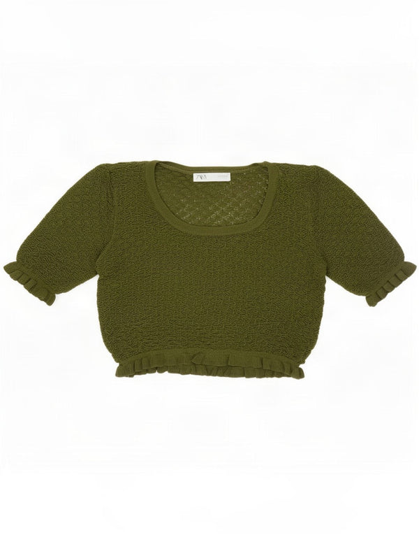 Zara Womens Crop Knit Bluse Top UK 12 Medium Khaki Viscose