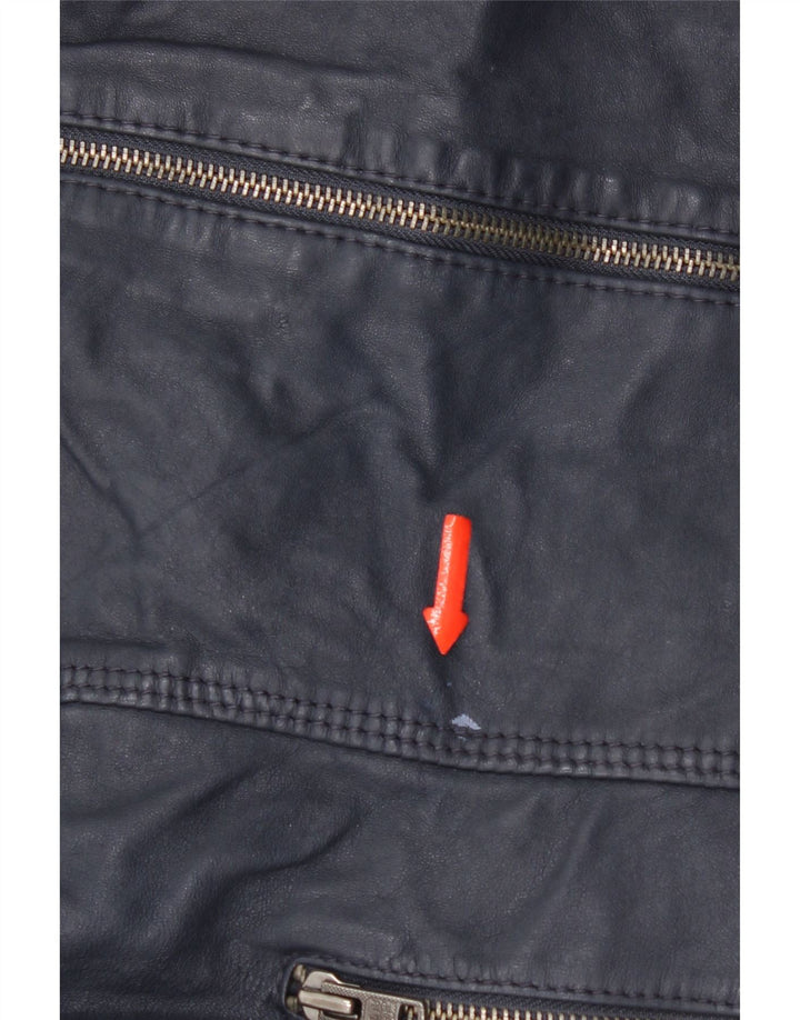 Superdry læderjakke med hætte til kvinder UK 14 Mellem marineblåt læder