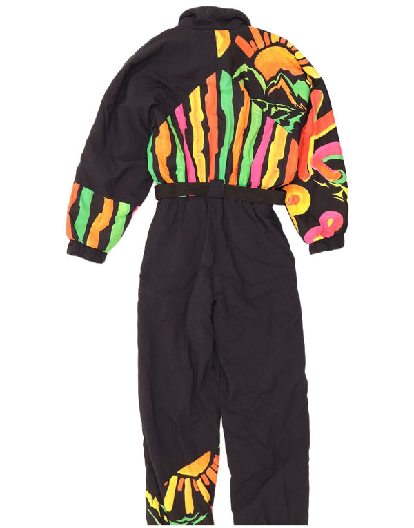 Vintage kvinders abstrakt mønster ski jumpsuit UK 12 medium sort polyamid