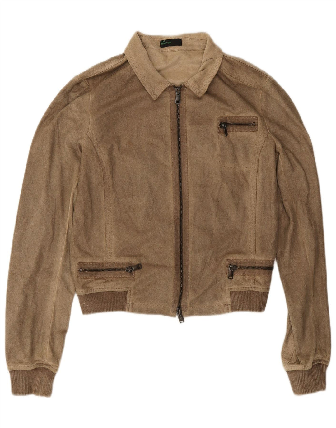 Benetton Womens Crop Bomber Jacket IT 44 Medium Beige Polyester