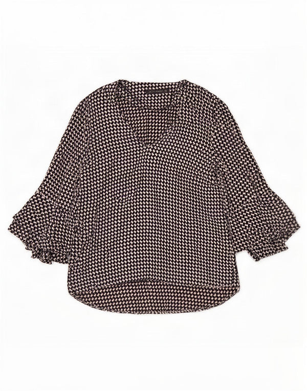 Zara Dame 3/4 ærmet bluse Top UK 16 Large Black Houndstooth Viscose