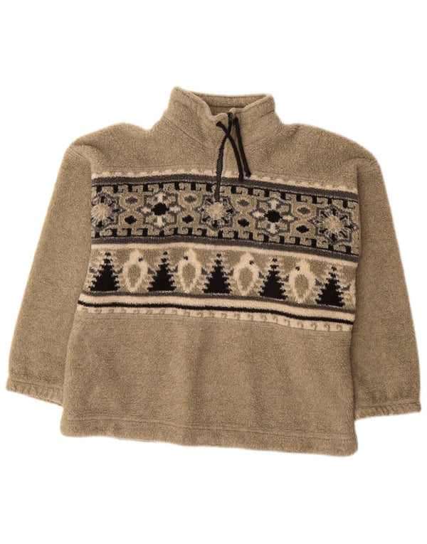 VINTAGE Dame Fleece Jumper med lynlås DK 16 Large Beige Fair Isle