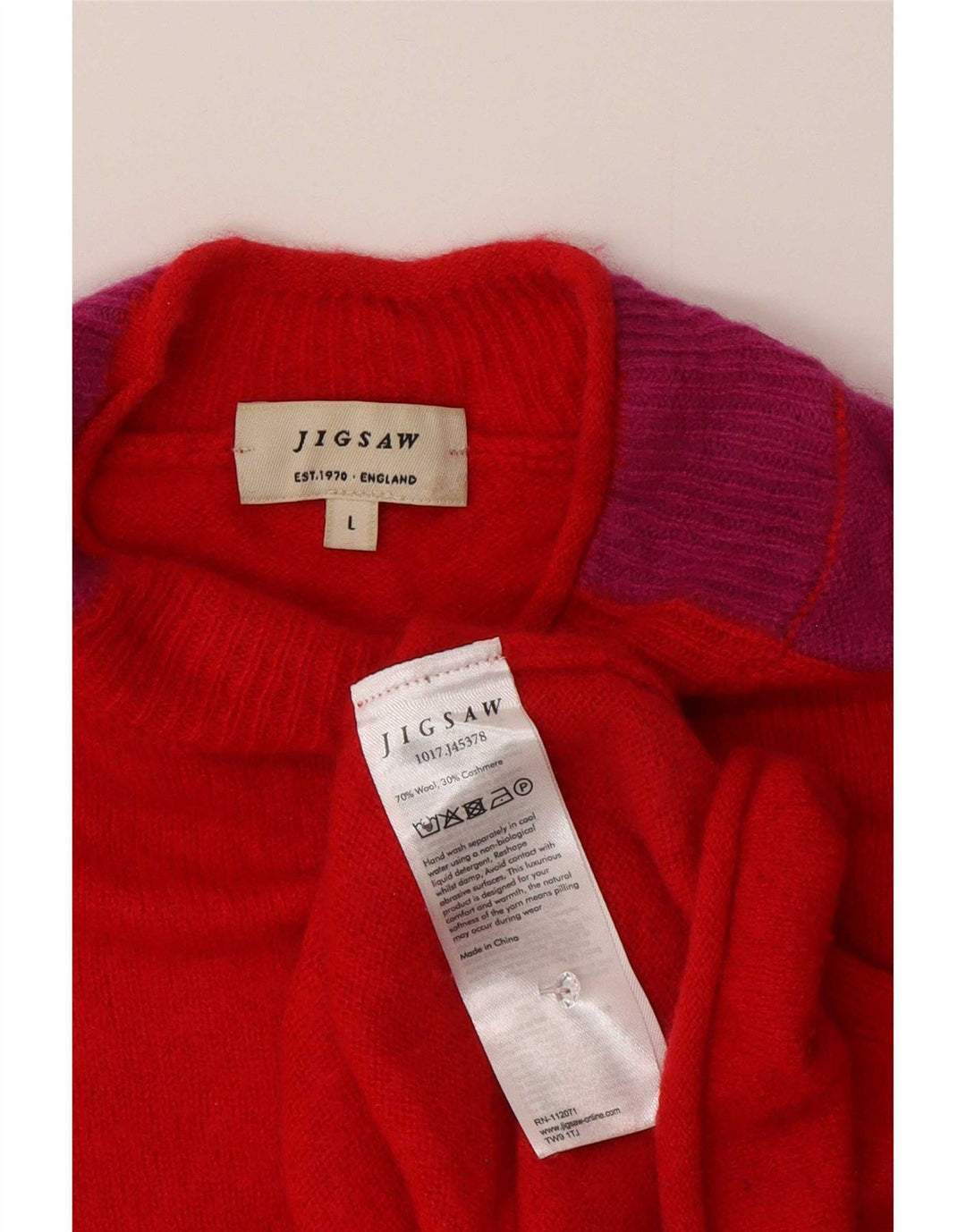 Jigsaw Dame Turtle Neck Jumper Sweater UK 16 Large Red Colourblock