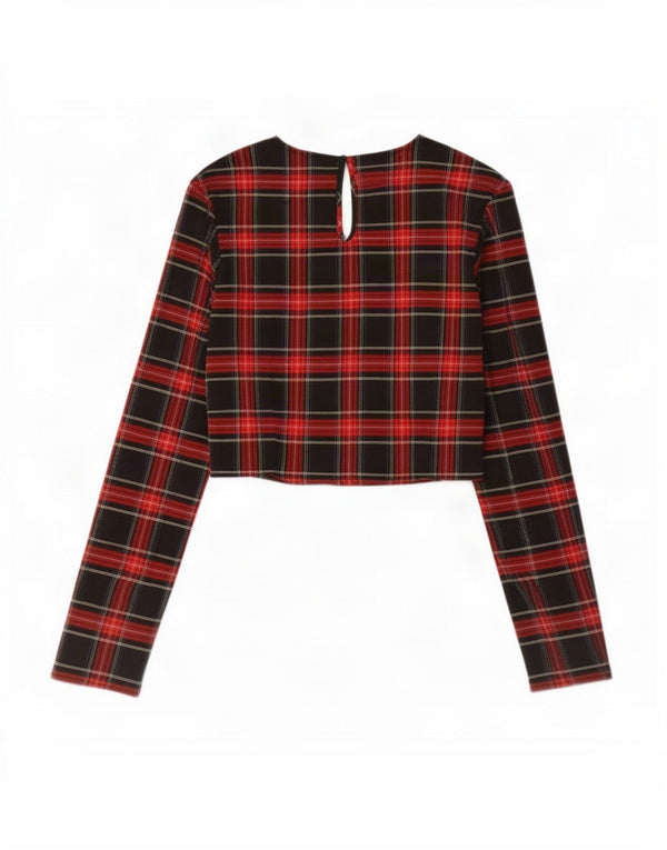 Zara Womens Crop Langærmet Bluse Top UK 10 Small Black Check