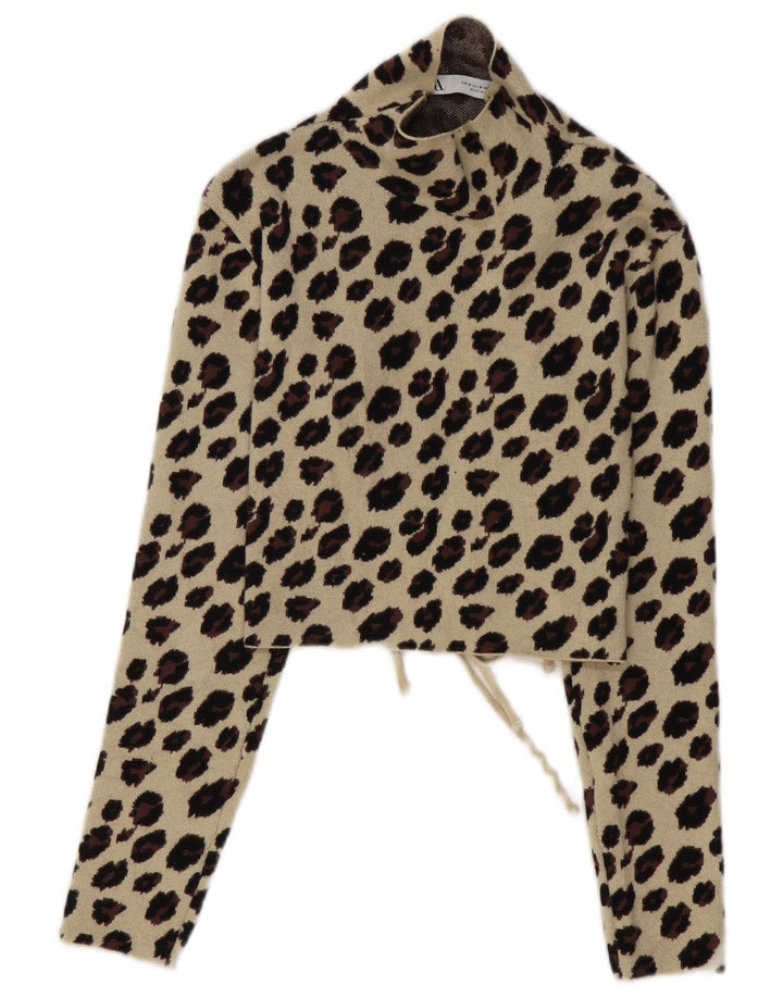 Zara Womens Crop Langærmet Bluse Top UK 12 Medium Beige Animal Print