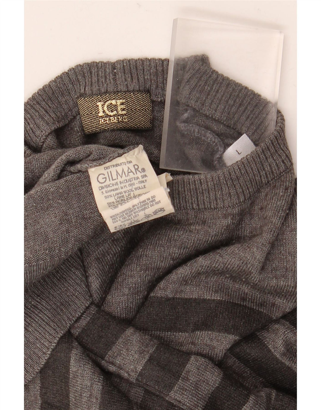 Iceberg Dame Crew Neck Jumper Sweater UK 16 Stor grå stribet uld