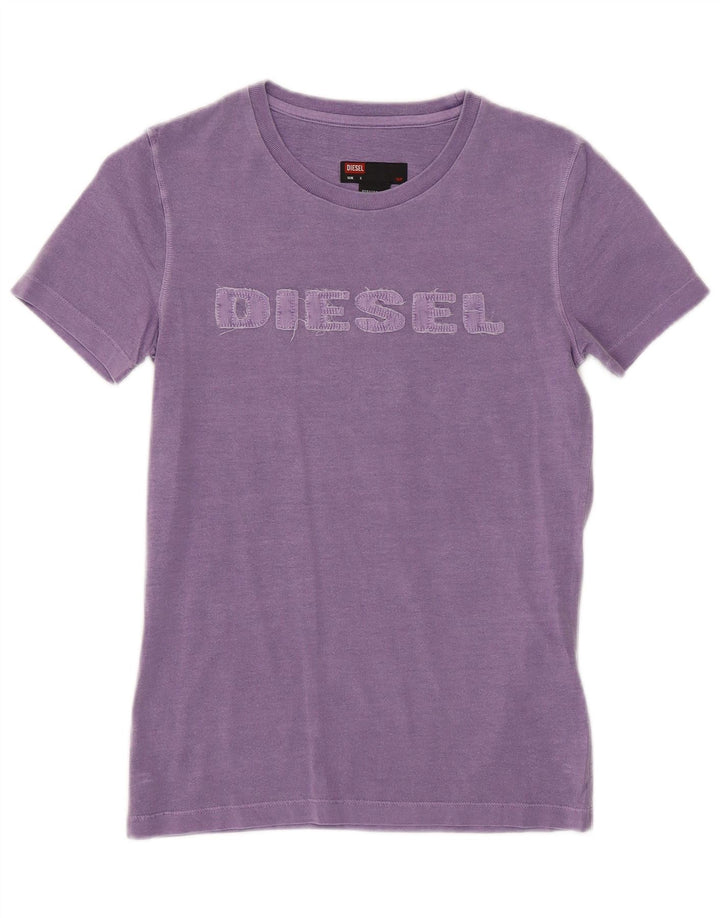 DIESEL Dame Grafisk T-Shirt Top UK 10 Lille Lilla Bomuld