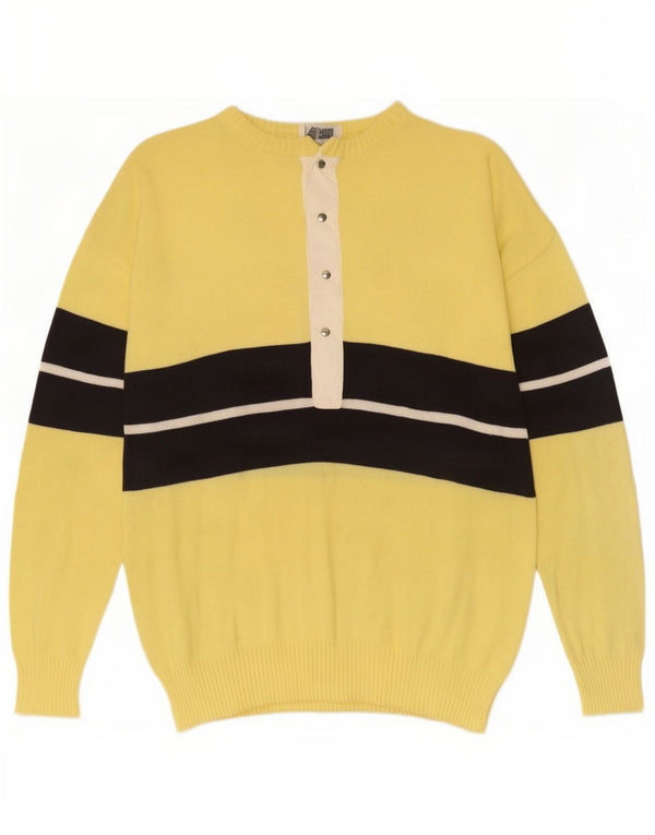 Vintage Herre Button Neck Jumper Sweater Medium Gul Colourblock Bomuld