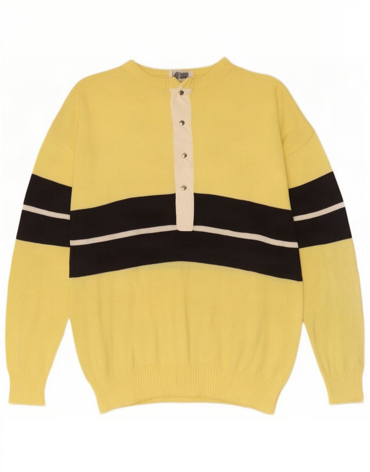 Vintage Herre Button Neck Jumper Sweater Medium Gul Colourblock Bomuld
