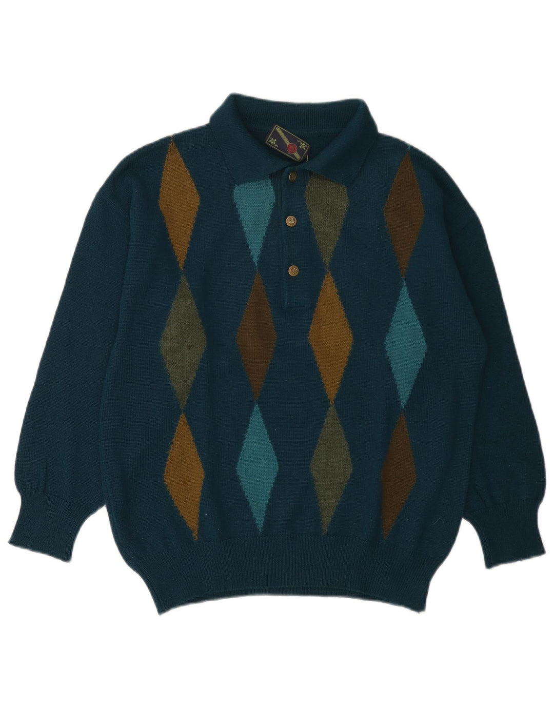 Vintage Herre Polo Neck Jumper Sweater Medium Navy Blue Argyle/Diamond Wool