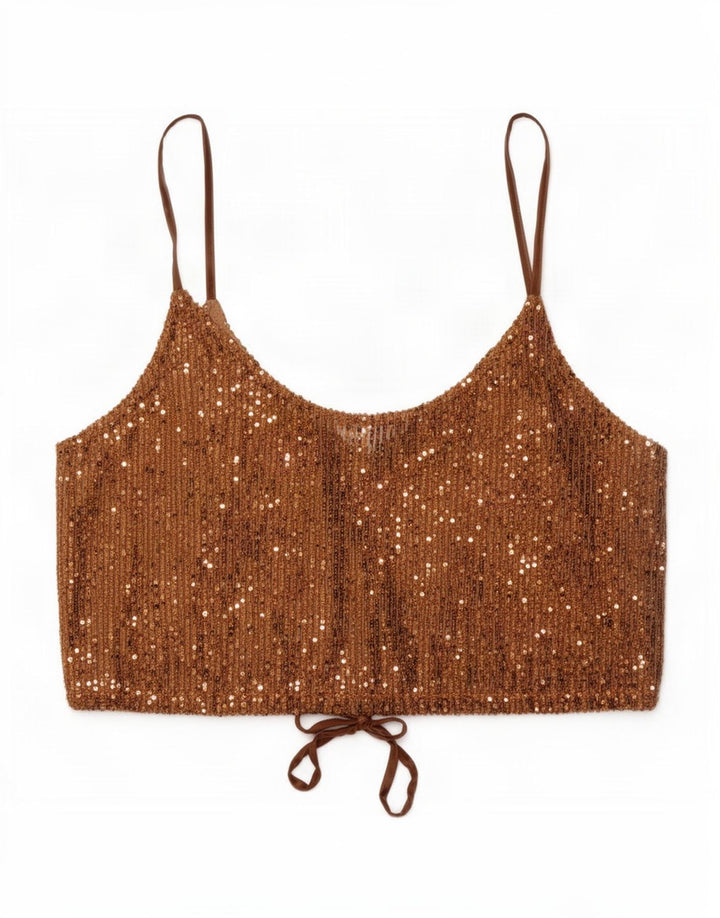 Zara Womens Paillet Crop Top UK 14 Stor brun polyester