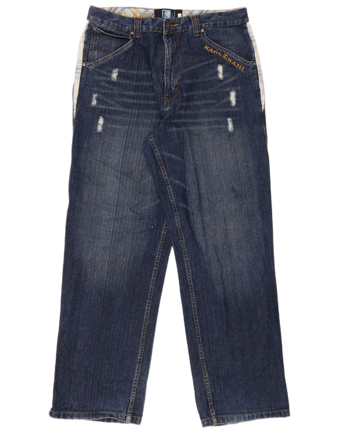 Karl Kani Herre Distressed Straight Jeans W34 L34 blå ternet bomuld