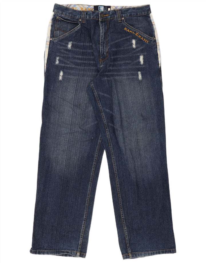 Karl Kani Herre Distressed Straight Jeans W34 L34 blå ternet bomuld