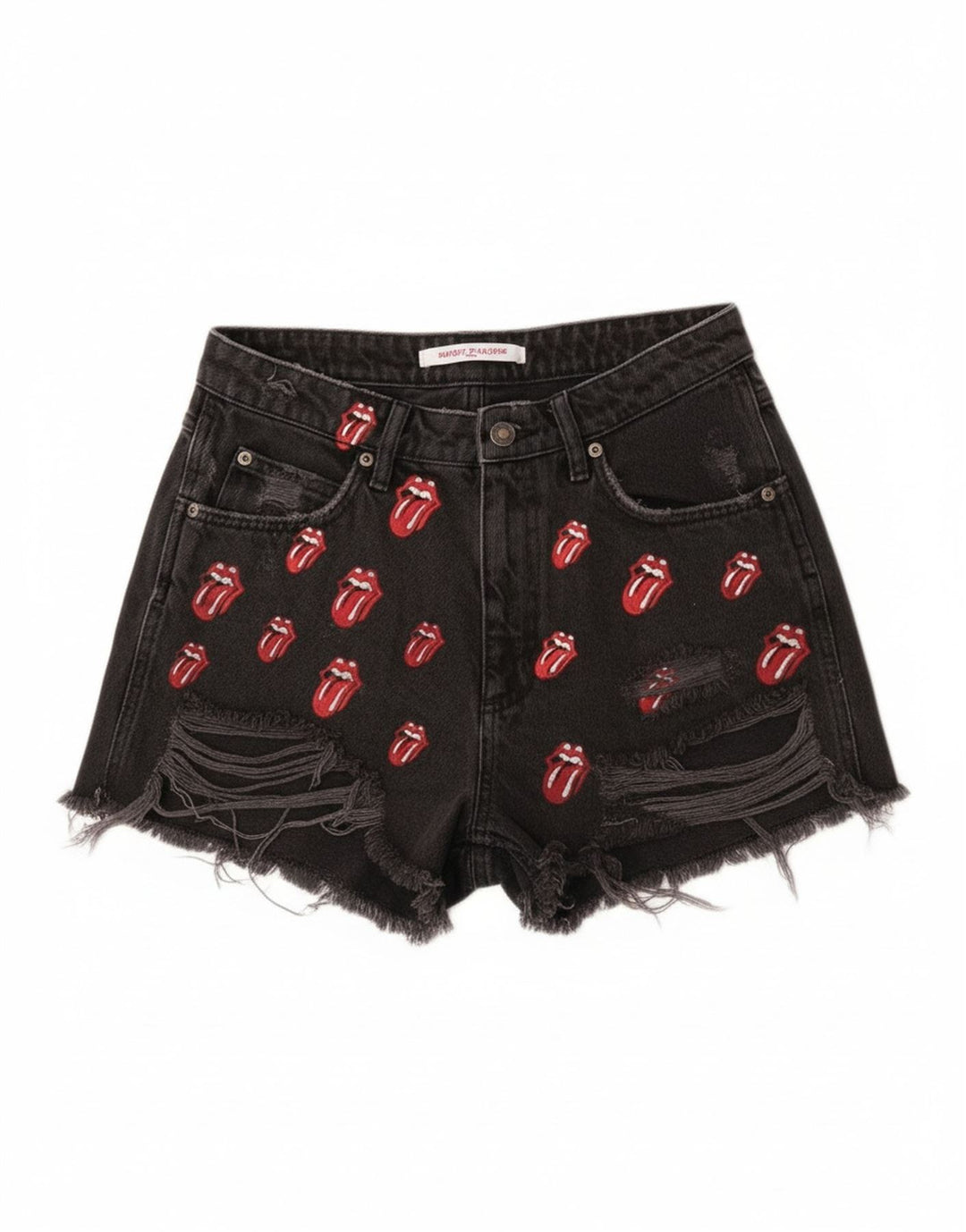 Zara Graphic Distressed Denim Shorts til kvinder EU 40 Medium W30 Sort