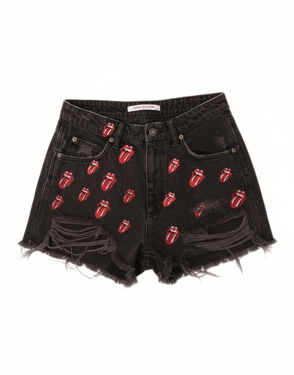 Zara Graphic Distressed Denim Shorts til kvinder EU 40 Medium W30 Sort