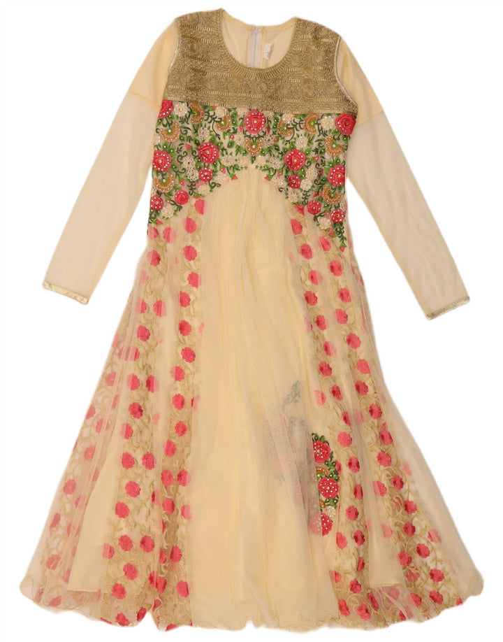 VINTAGE Langærmet A-line kjole til kvinder US 6 Medium Beige Floral