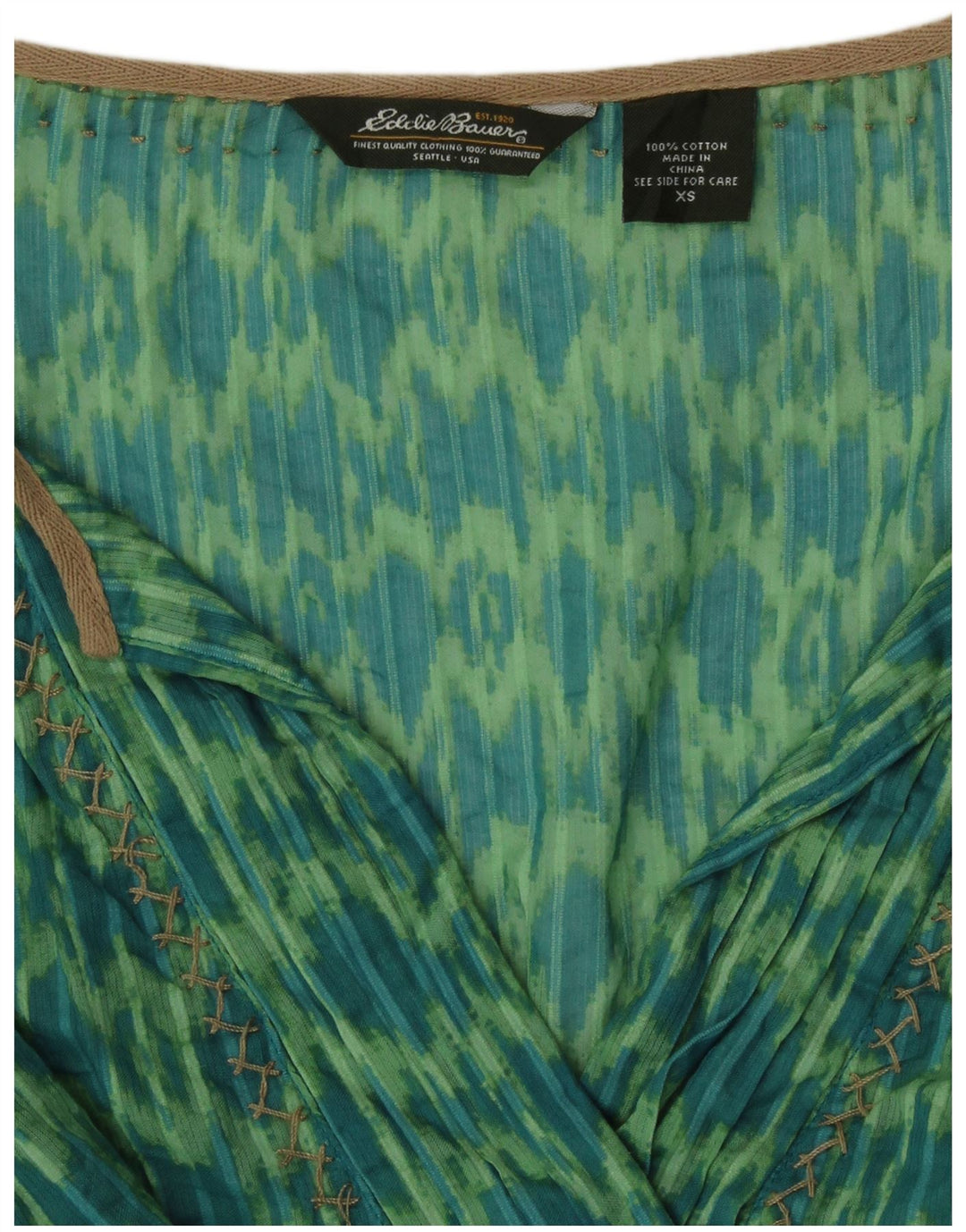 Eddie Bauer Dame 3/4 ærmer løs pasform Tunika Top UK 6 XS Grøn Ikat Bomuld