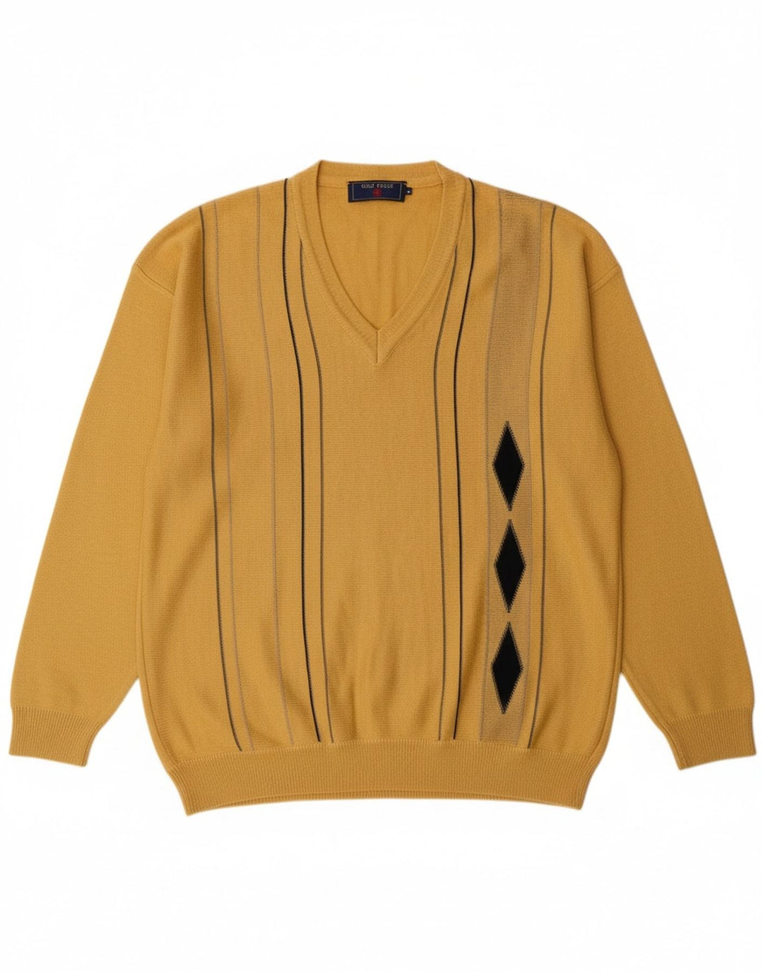 VINTAGE Mens V-Neck Jumper Sweater Large Yellow Argyle/Diamond Acrylic