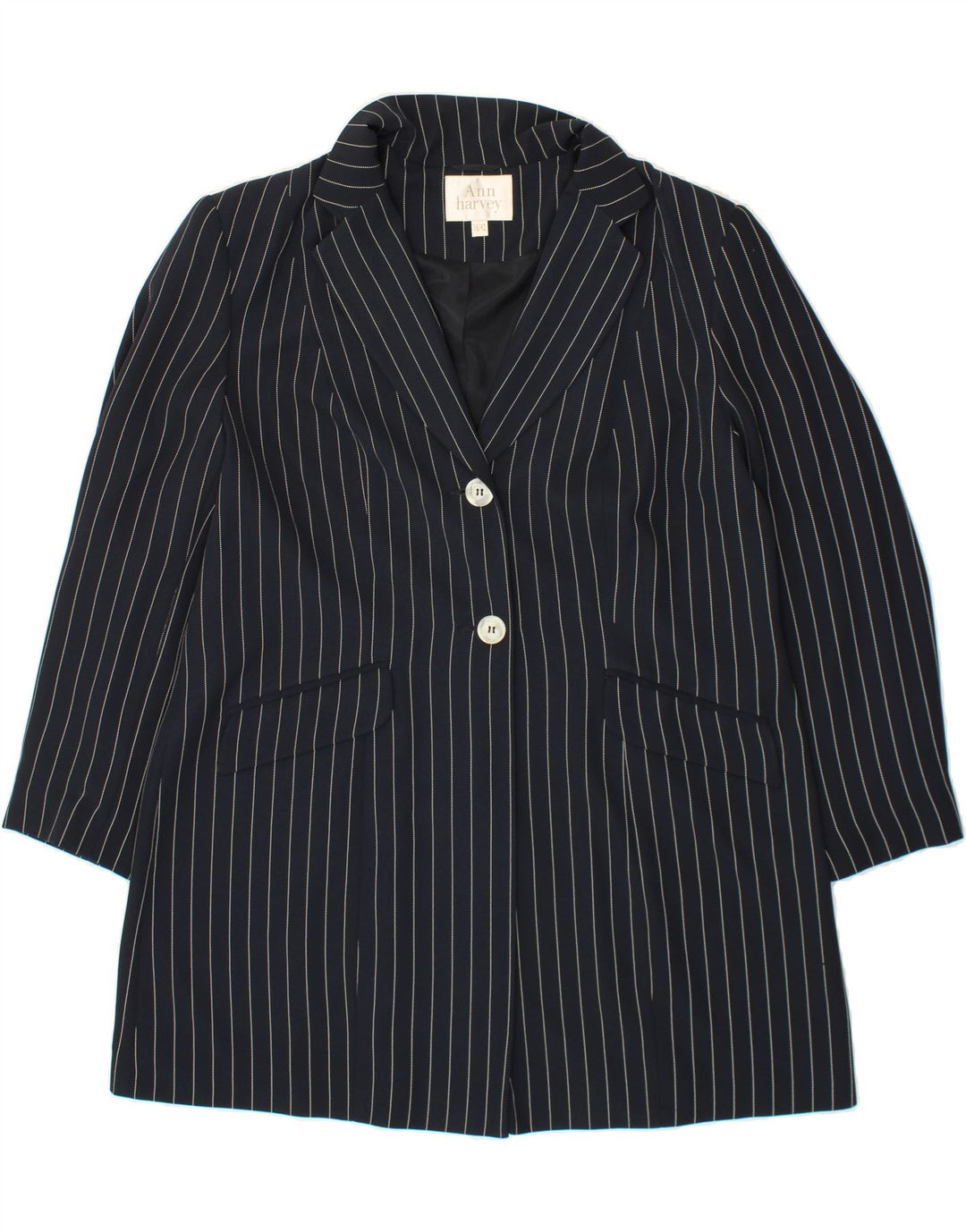 ANN HARVEY Womens Overcoat UK 16 Large  Navy Blue Striped Polyester Vintage Ann Harvey and Second-Hand Ann Harvey from Messina Hembry 