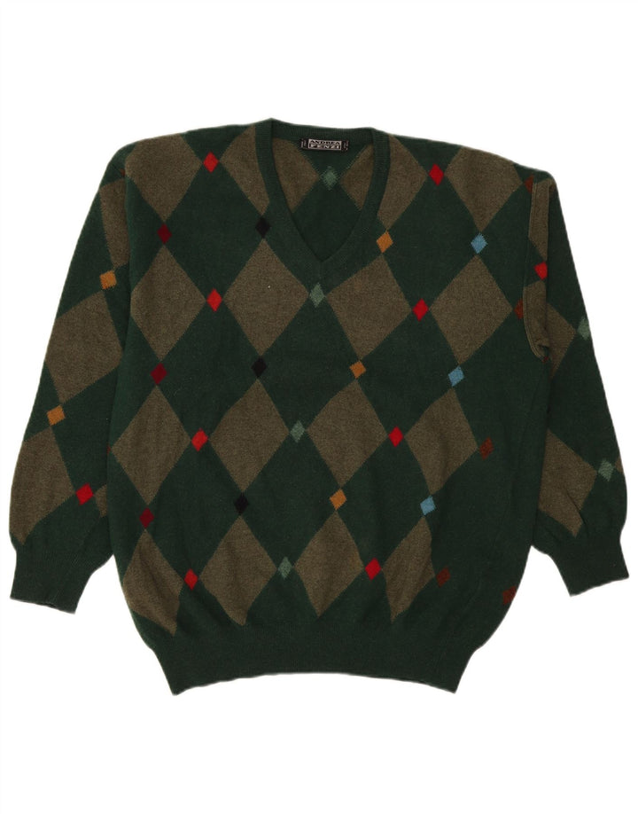 Andrea Fenzi Herre V-hals sweater IT 50 Medium Green Argyle/Diamond