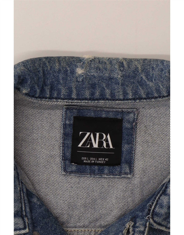 Zara Herre Artist Graphic Distressed Denim Jacket UK 42 Large Blue Patchwork