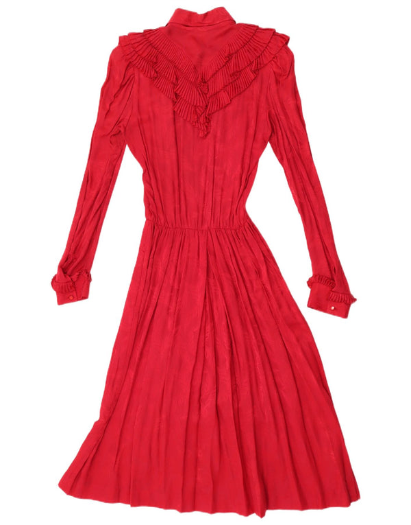 Vintage Dame Langærmet Flæse Front Maxi Kjole UK 12 Medium Rød