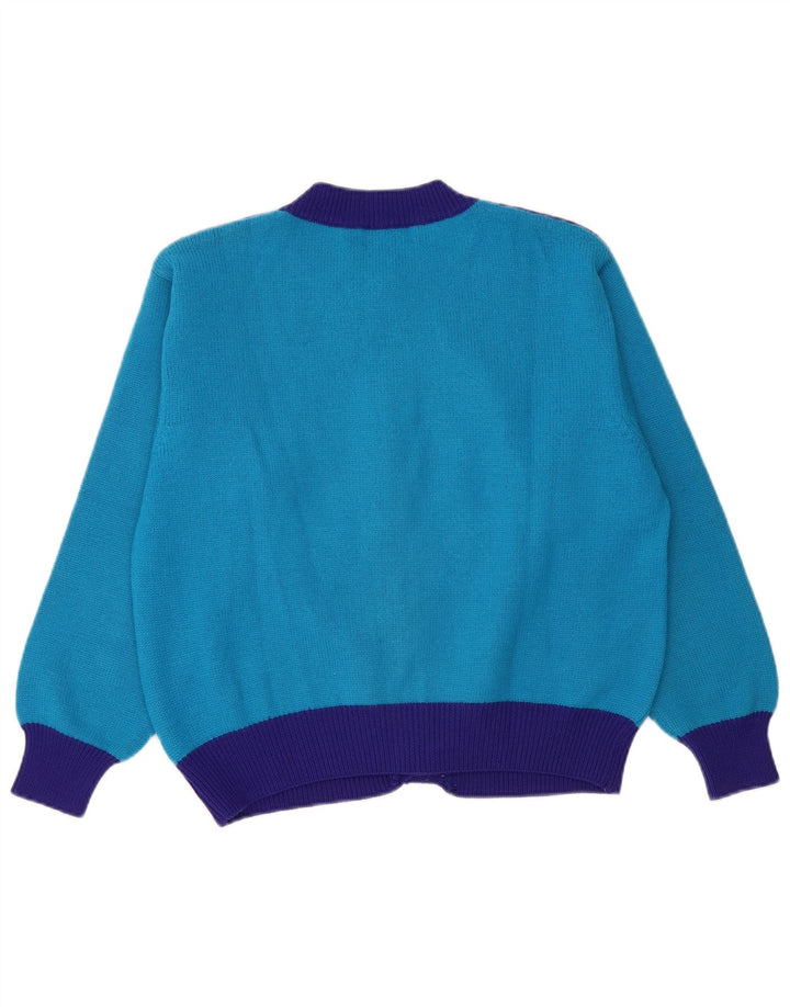 Benetton Womens Winter Crop Cardigan Sweater IT 48 XL Blå Colourblock Uld