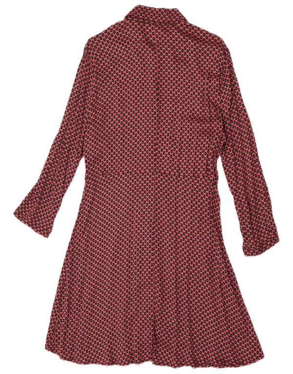 Benetton Dame Langærmet Skjortekjole UK 14 Large Red Geometric Viscose