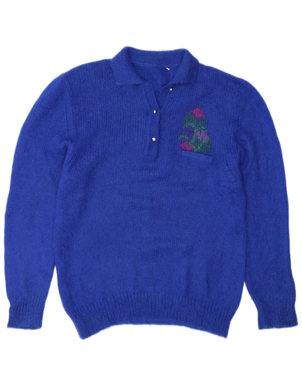 Vintage Dame Grafisk Polo Neck Jumper Sweater IT 48 XL Blue Floral Mohair
