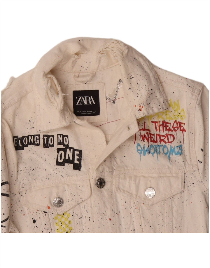Zara Herre grafisk denimjakke UK 36 Small White Flecked Bomuld