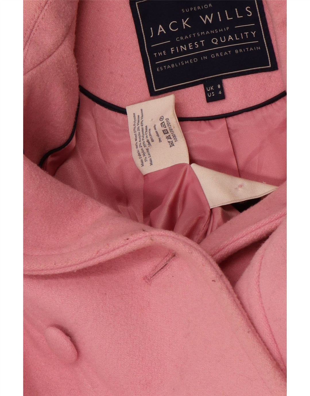 JACK WILLS Dame Dobbeltradet Frakke UK 8 Lille Pink Uld