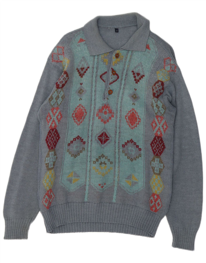 Vintage herre polo hals sweater mellemgrå geometrisk alpaka uld