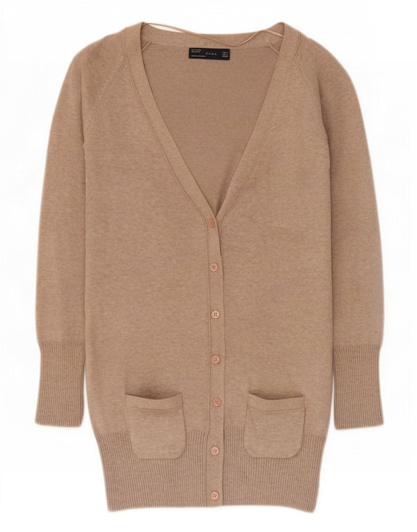 Zara Womens Longline Cardigan Sweater UK 10 Small Beige Flecked Bomuld