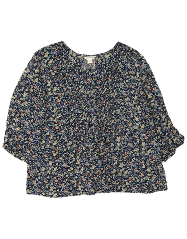 Monsoon Dame 3/4 ærmet bluse Top UK 16 Large Navy Blue Floral Viscose