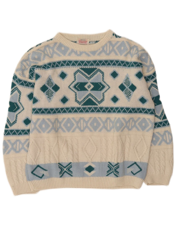 Benetton Dame Boat Neck Jumper Sweater UK 14 Stor Hvid Geometrisk