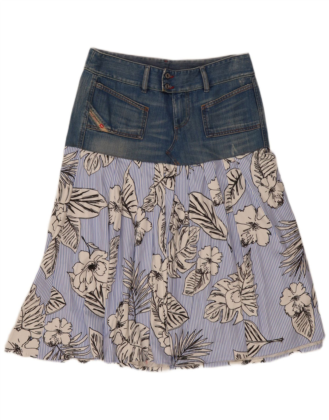 Diesel Dame Flared Nederdel W29 Medium Blue Floral Bomuld