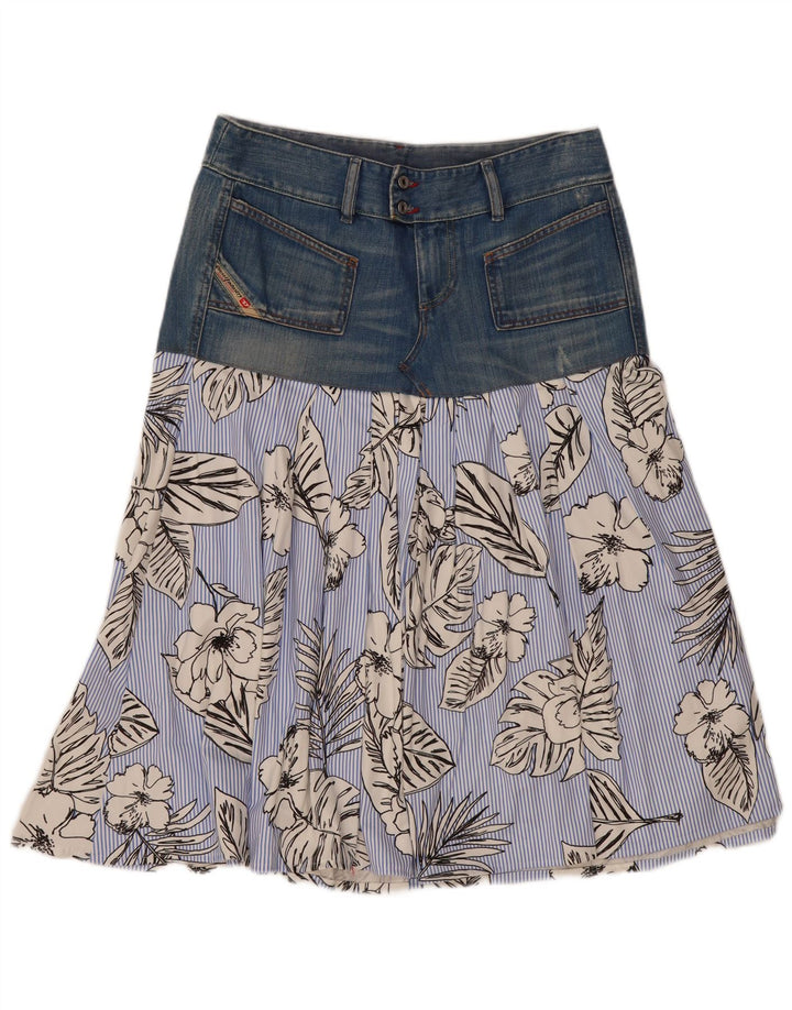 Diesel Dame Flared Nederdel W29 Medium Blue Floral Bomuld