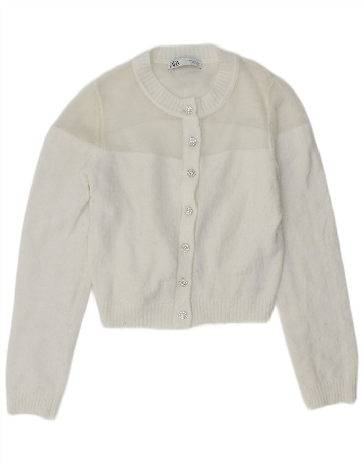 Zara Womens Crop Cardigan Sweater UK 12 Medium White Polyester