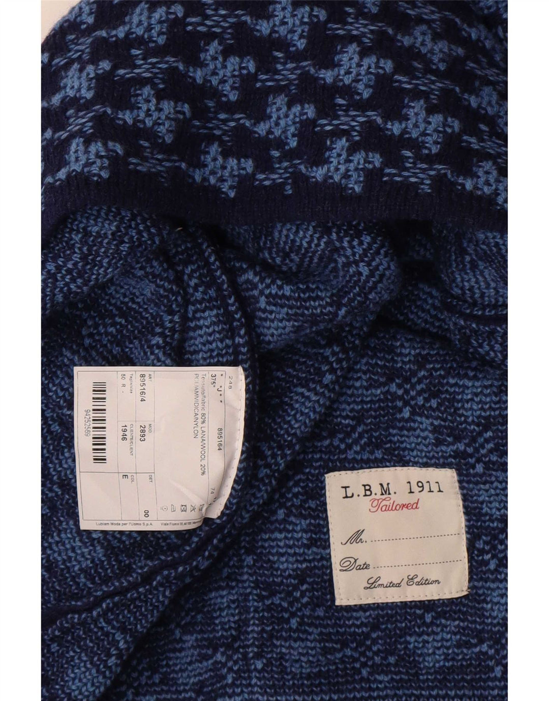 Vintage cardigan sweater til mænd IT 50 Medium Blue Houndstooth Uld