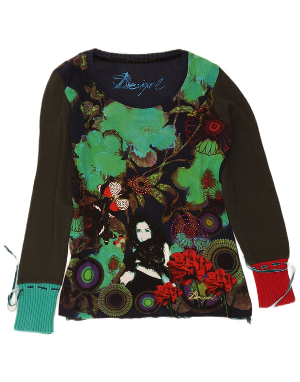 Desigual Dame Grafisk Top Langærmet UK 14 Large Navy Blue Floral