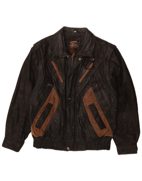 VINTAGE Herre læderjakke UK 40 Large Black Colourblock Læder